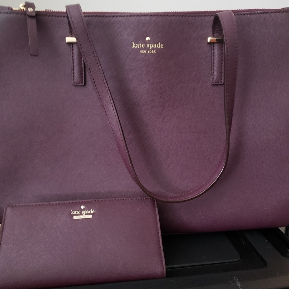 Kate Spade Thompson Plum Leather Tote + Wallet Set